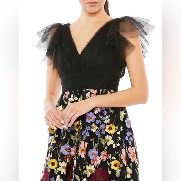 Mac Duggal 68204 Embroidered Ruched Flutter Sleeve A-Line Dress Size 14 NWT - Picture 2 of 4